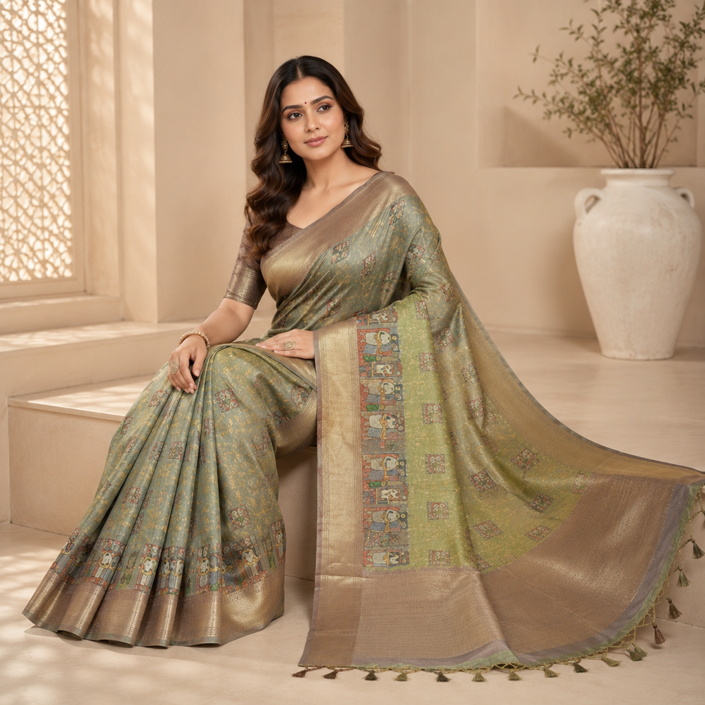 Sage Green Kalamkari Inspired Silk Saree with Antique Gold Border