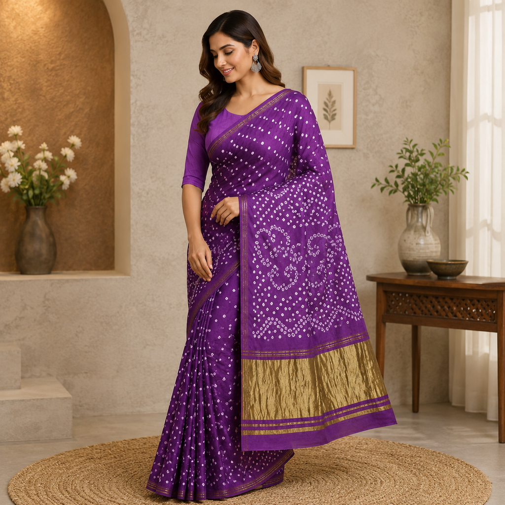 Purple Gajji Silk Bandhani Saree With Blouse – Grace Hand-Tied In Every Dot For Women
