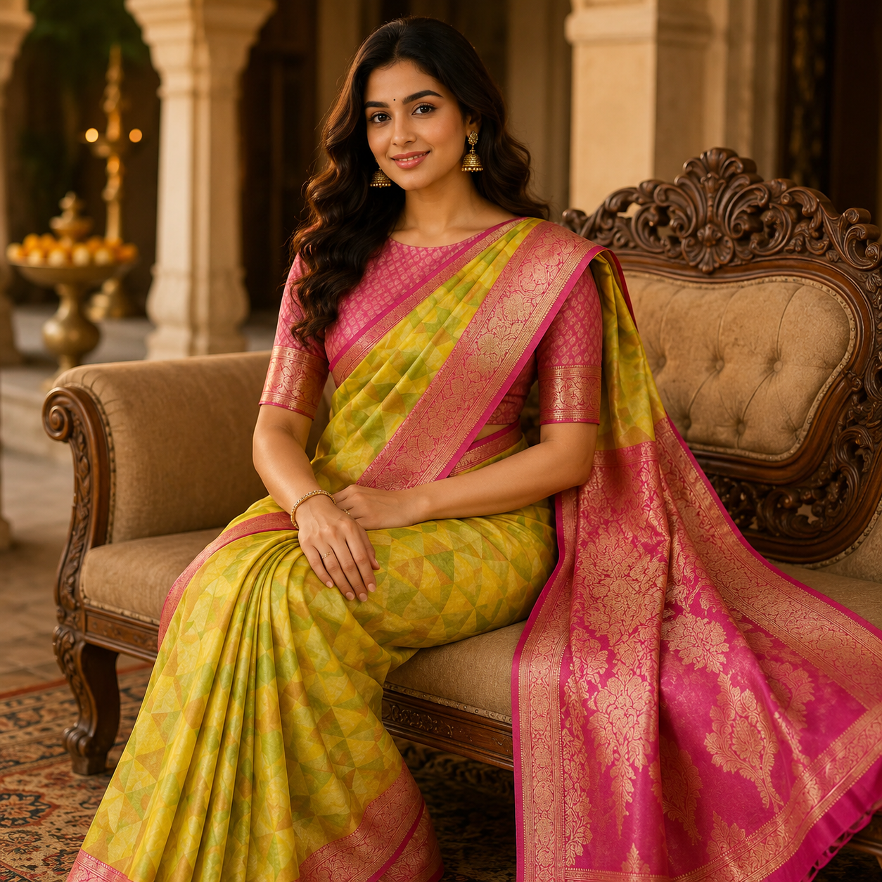 Banarasi Silk Saree With Geometric Weave And Rich Zari Border – Timeless Elegance In Every Fold For Women
