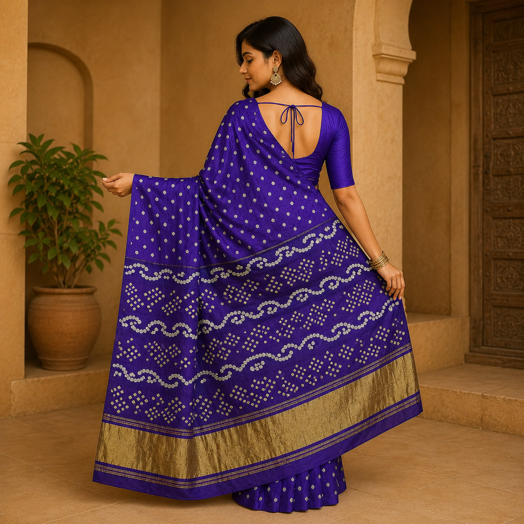 Blue Gajji Silk Bandhani Saree With Blouse – Timeless Elegance Woven In Heritage For Women