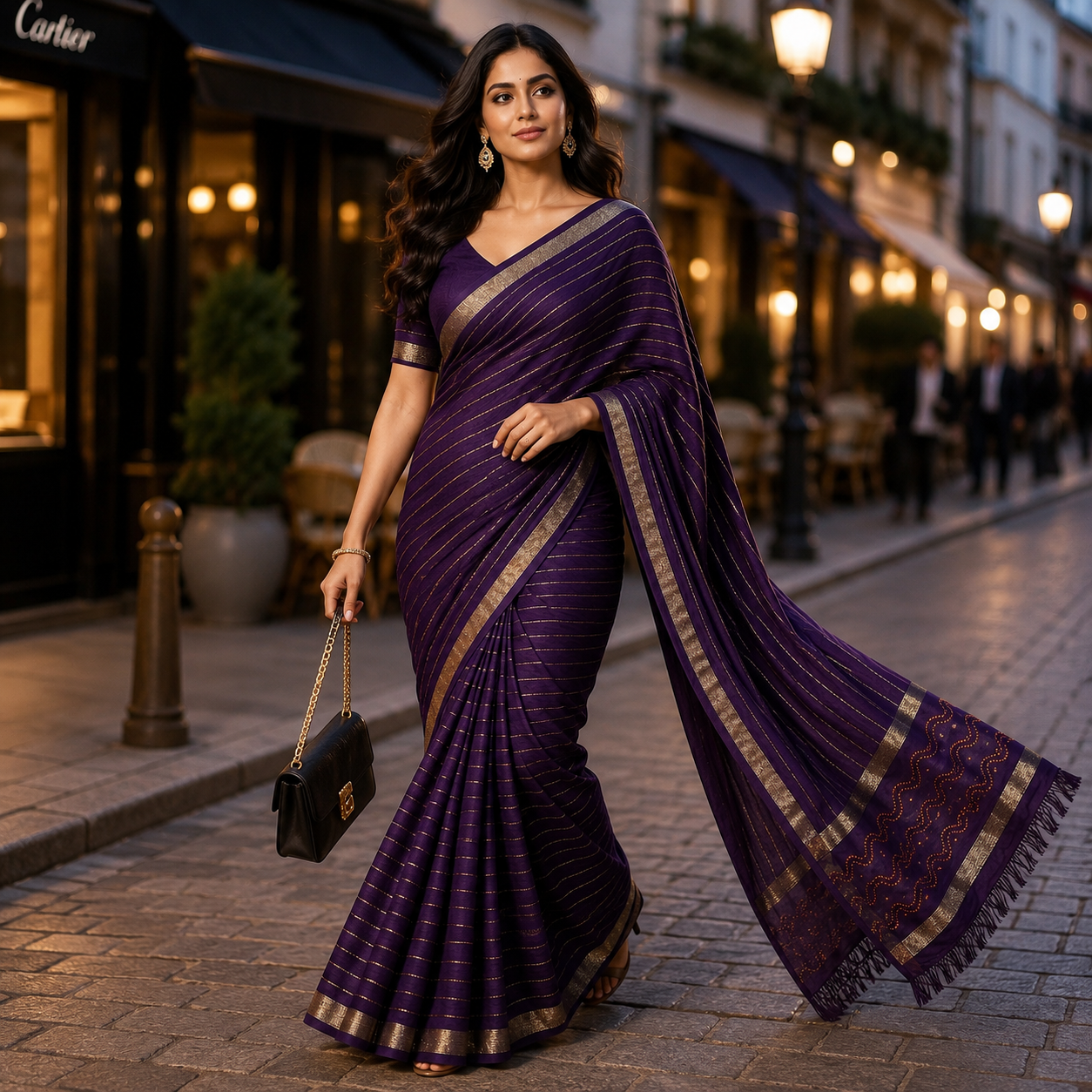 Purple Soft Georgette Weaved Silver Lines Andamp; Siroski Border Saree Designer Blouse For Women