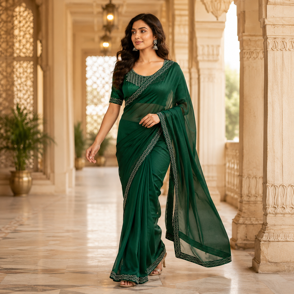 Green Organza Saree With Velvet Blouse – A Whisper Of Royalty For Women