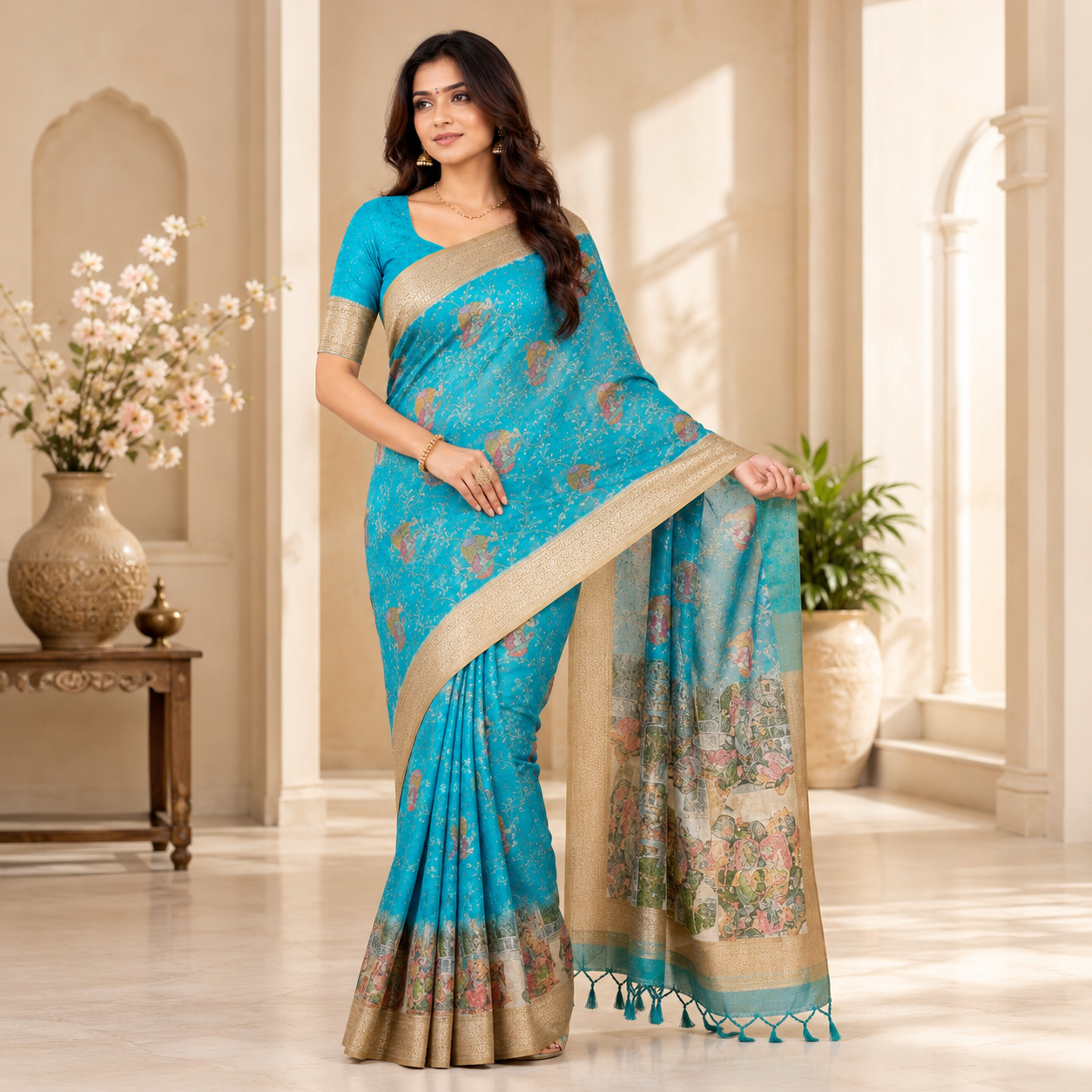 Turquoise Blue Floral Printed Organza Saree with Gold Zari Border & Tassel Pallu