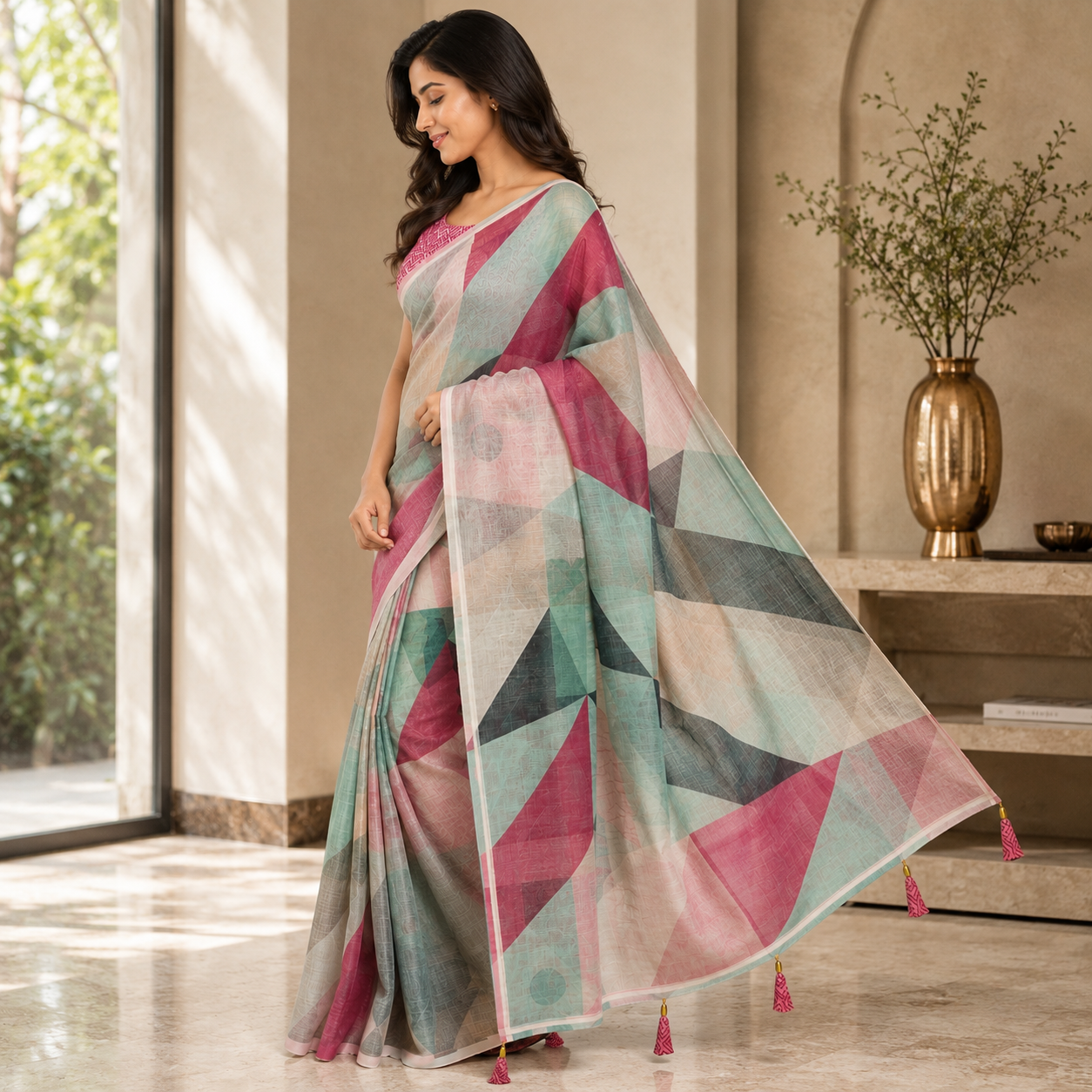 Multicolour Digital Print Linen Saree With Readymade Blouse – Vibrance, Lightness And Style In Every Drape For Women
