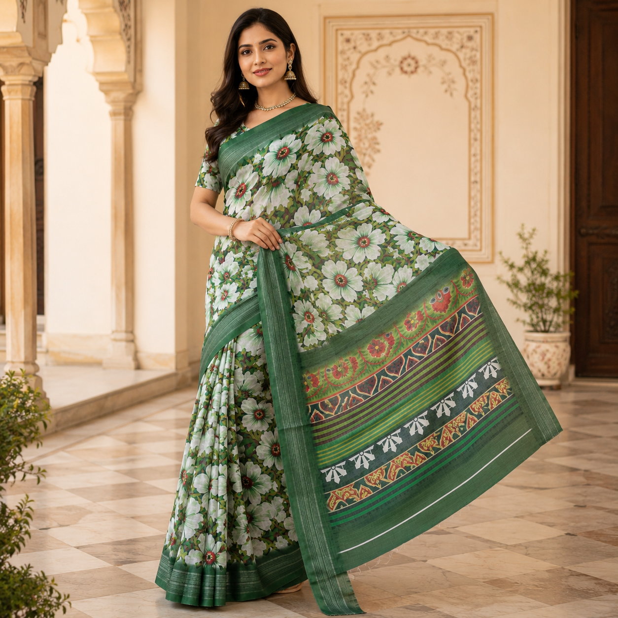 Green Digital Print Linen Saree With Readymade Blouse – Breezy, Bold And Beautifully You For Women