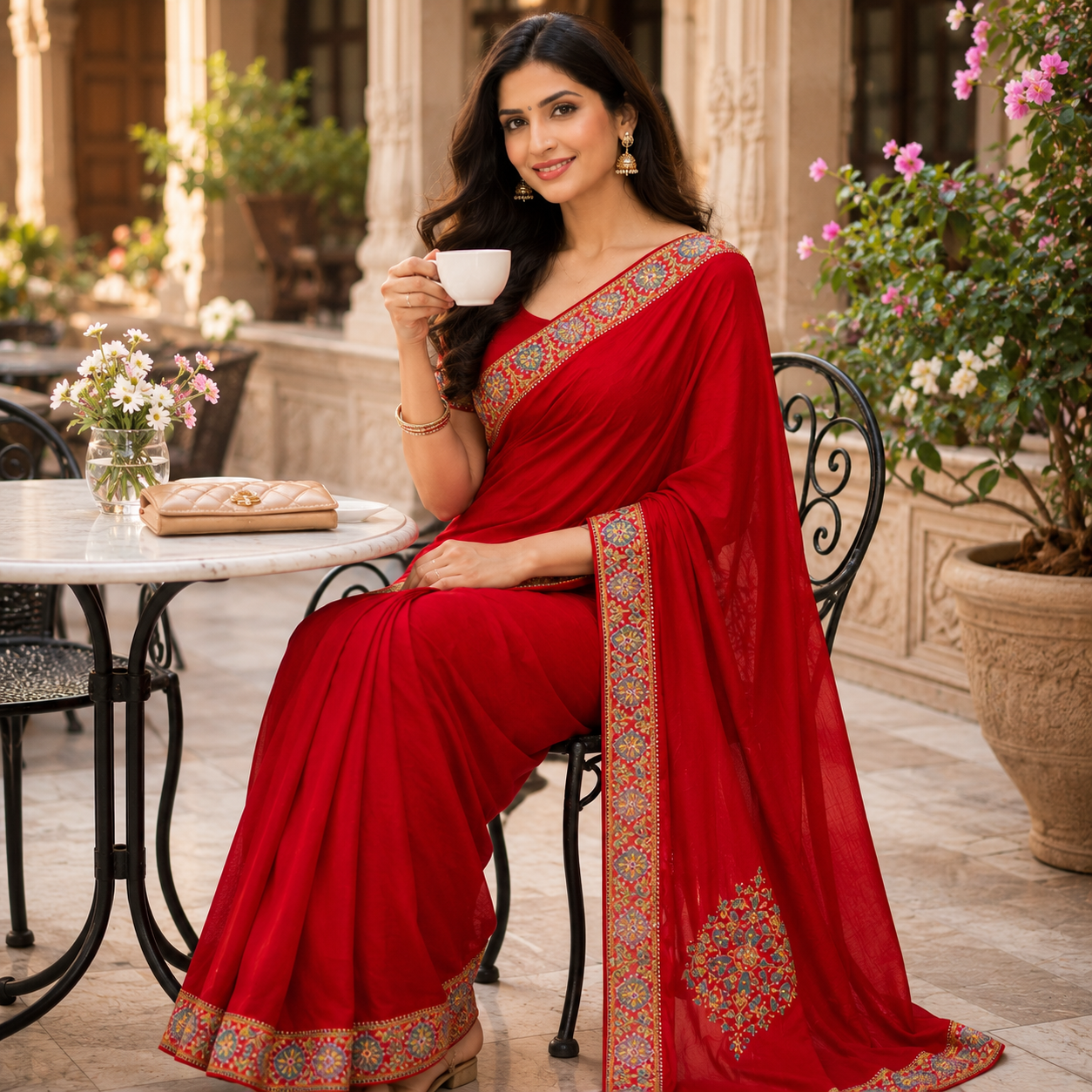 Red Heavy Pattern Georgette Saree With Printed Border Andamp And Siroski Work For Women