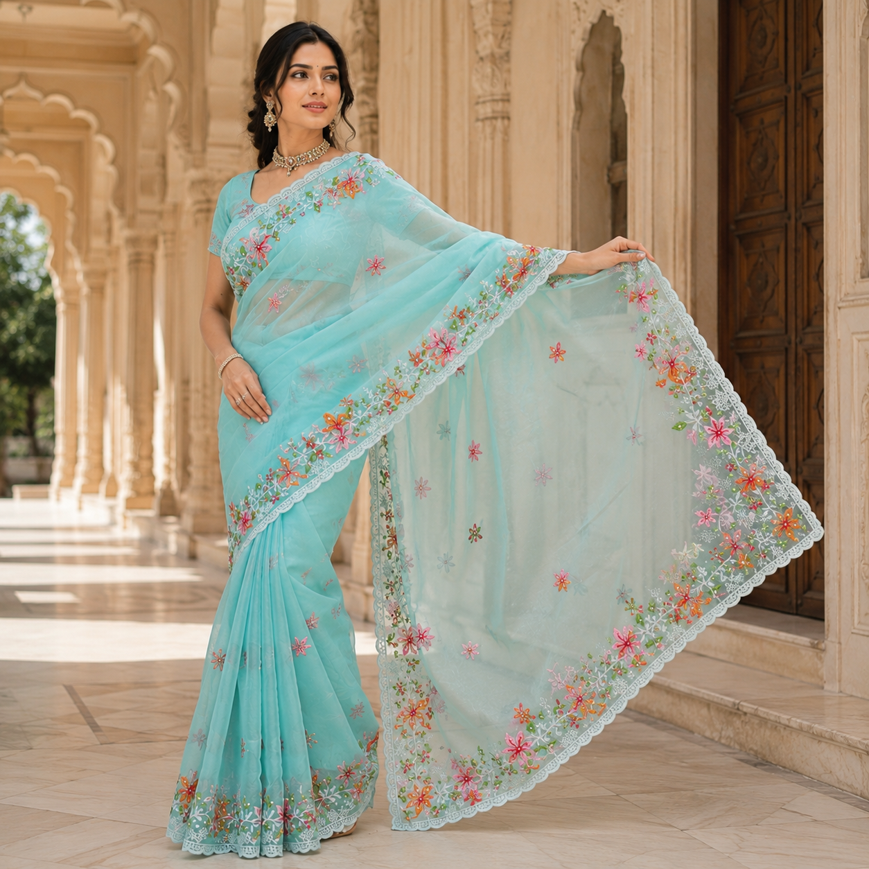 Sky Blue Organza Saree With Pearl And Embroidery Work And Blouse – Designer Wedding And Festive Saree For Women