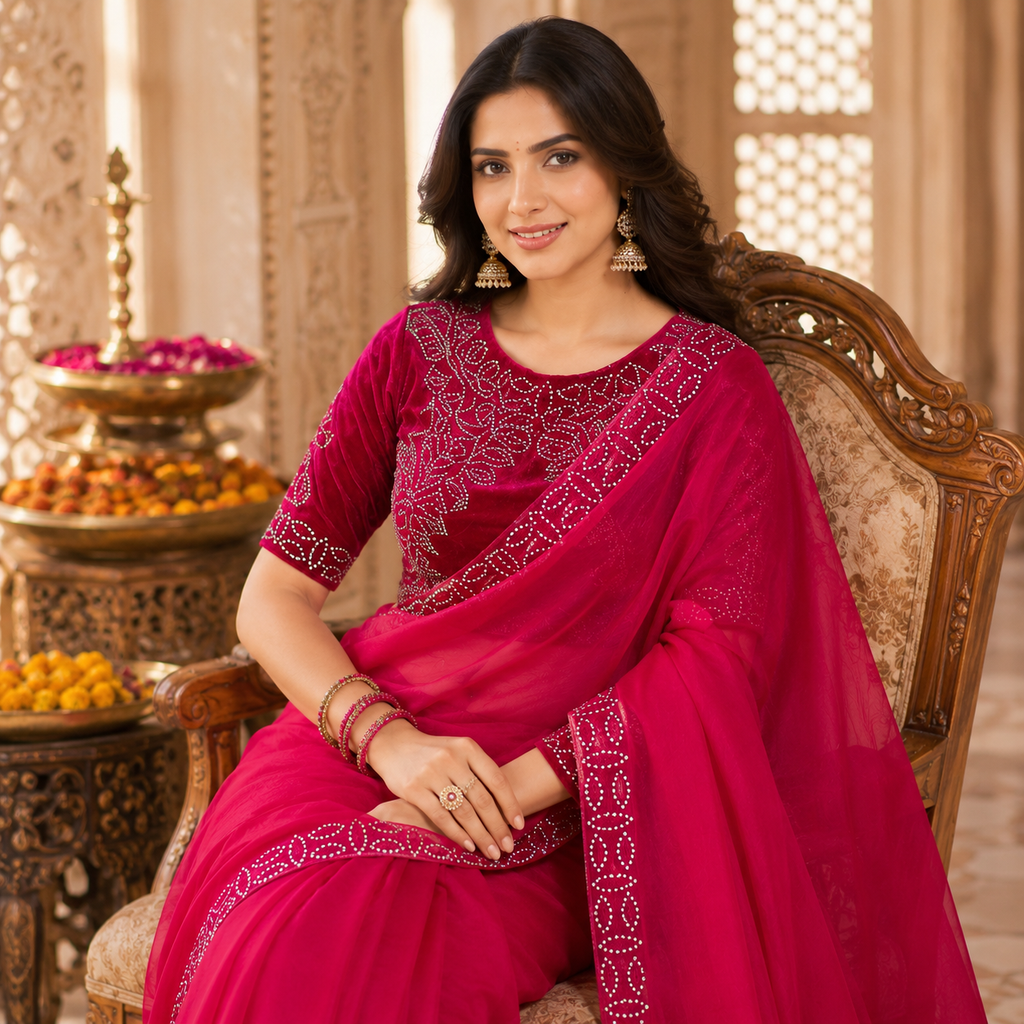 Pink Organza Saree With Velvet Blouse – Where Grace Meets Glamour For Women