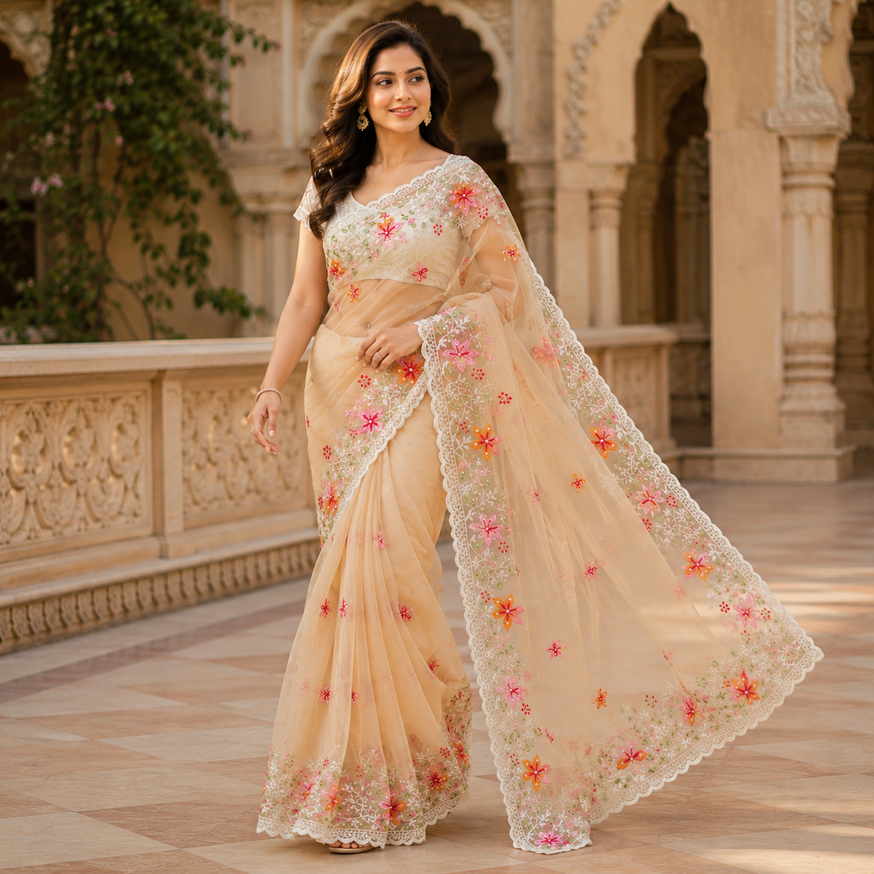 Orange Organza Saree With Pearl And Embroidery Work And Blouse – Premium Party And Wedding Wear For Women
