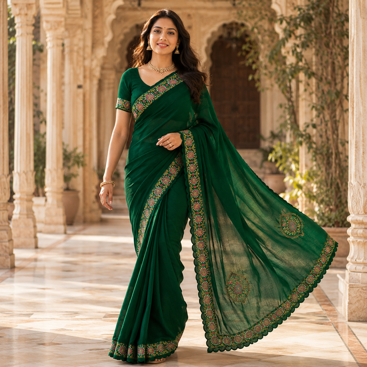 Green Heavy Pattern Georgette Saree With Printed Border Andamp And Siroski Work For Women