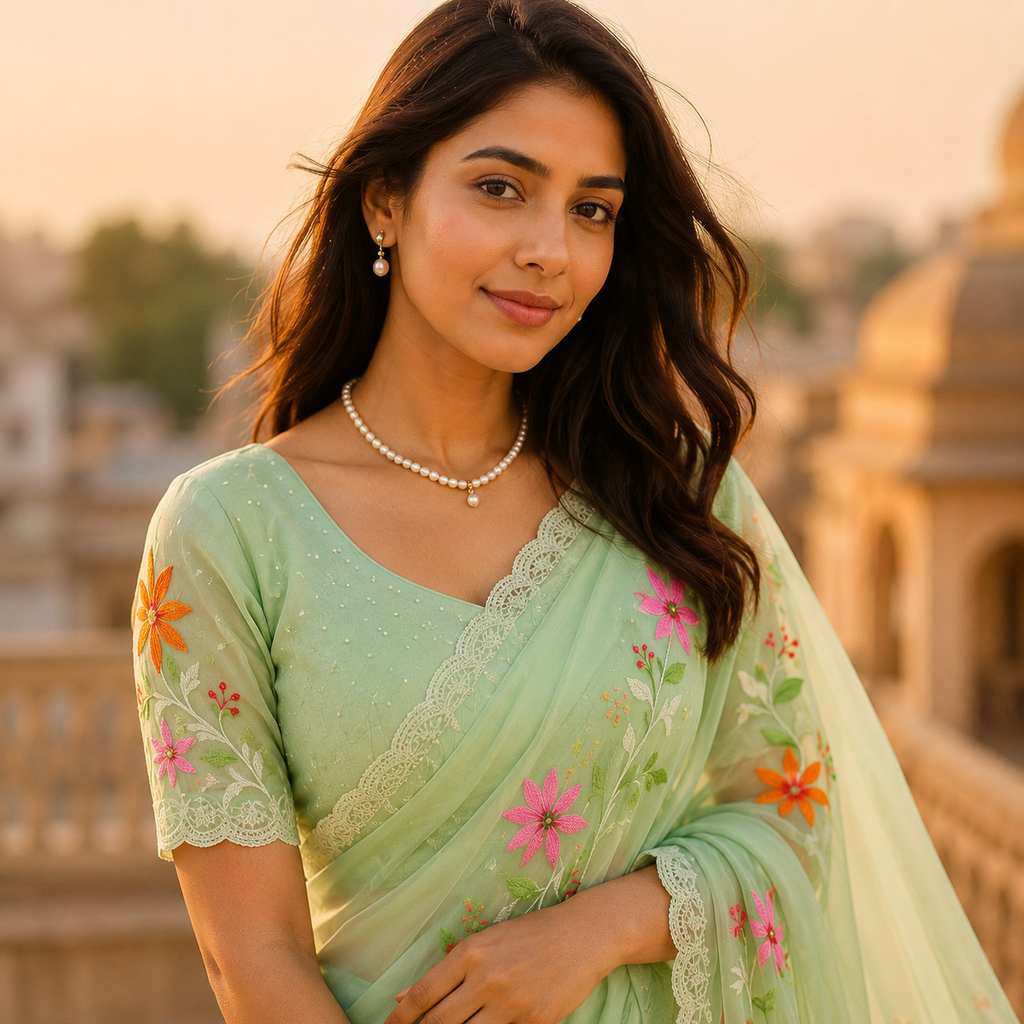 Green Organza Saree With Pearl And Embroidery Work And Blouse – Elegant Party And Wedding Wear For Women