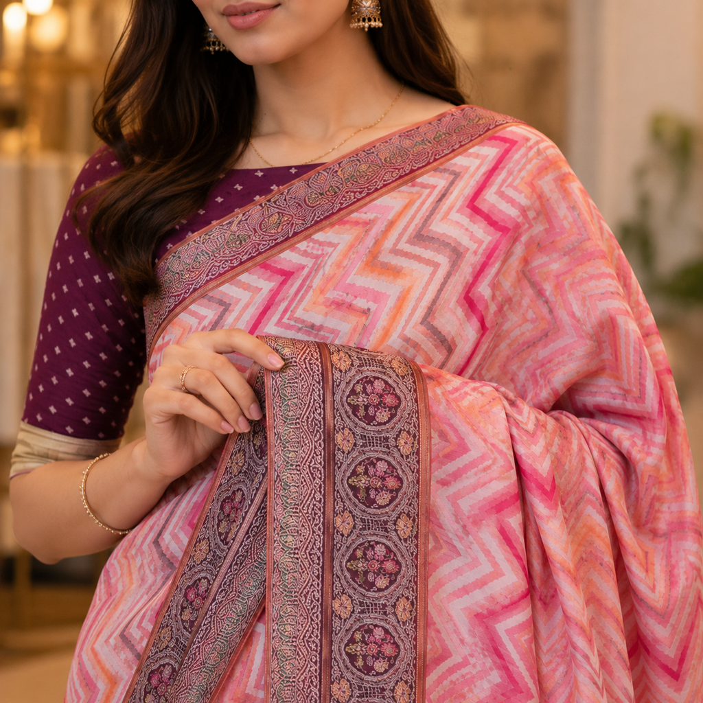 Pink Banarasi Kora Silk Saree With Chevron Weave And Antique Zari Border For Women