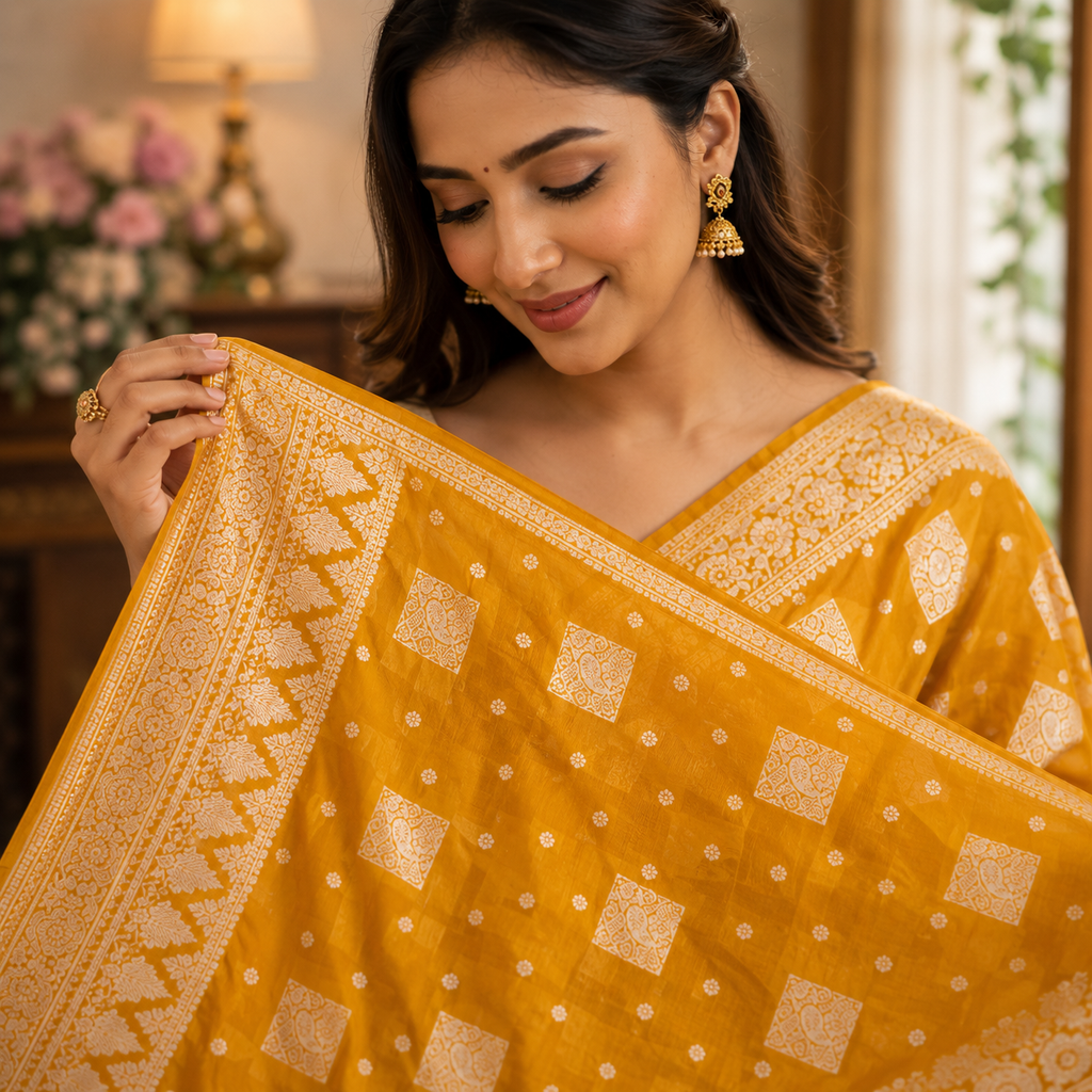 Yellow Ajrakh Kasturi Saree – The Sunshine Of Tradition For Women