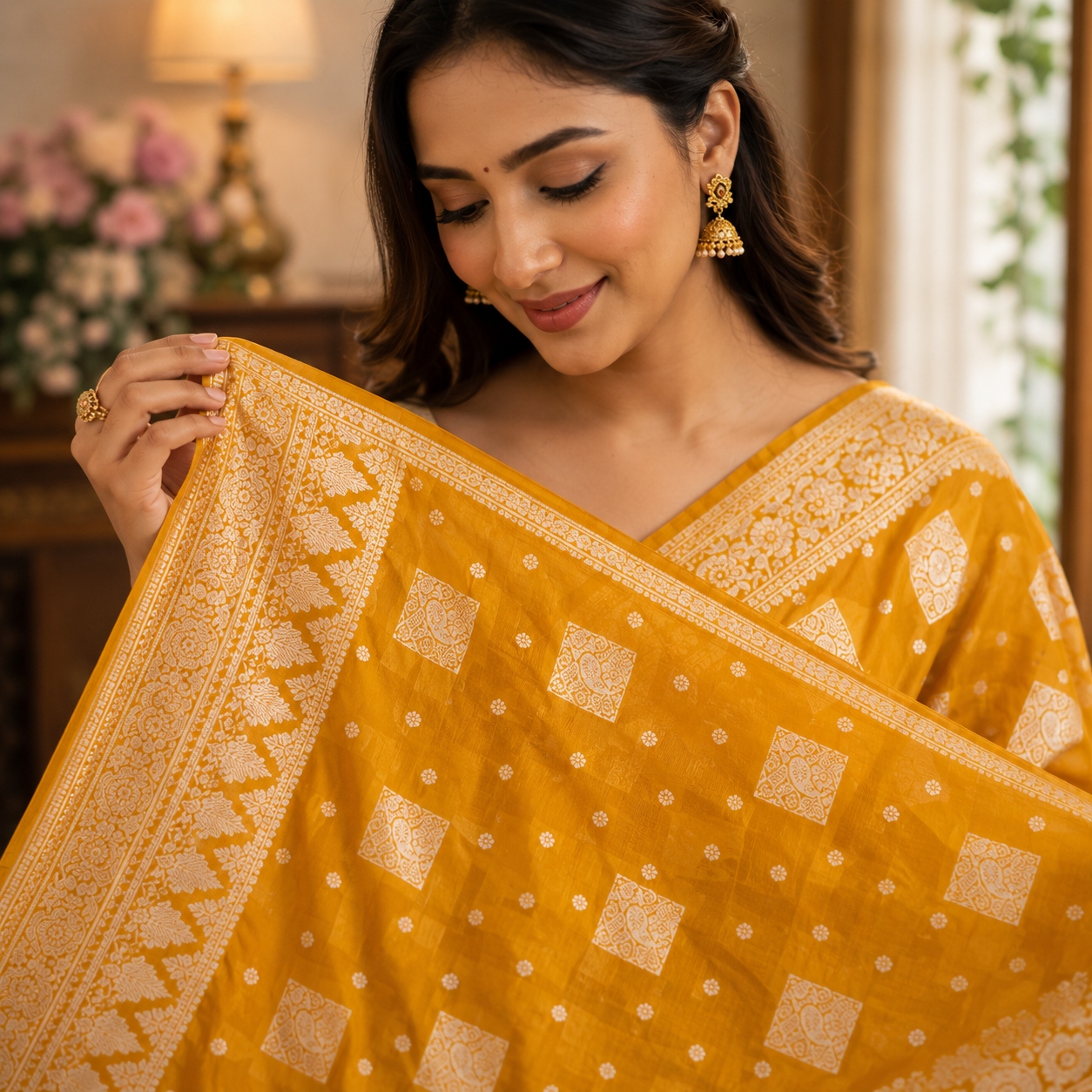 Yellow Ajrakh Kasturi Saree – The Sunshine Of Tradition For Women