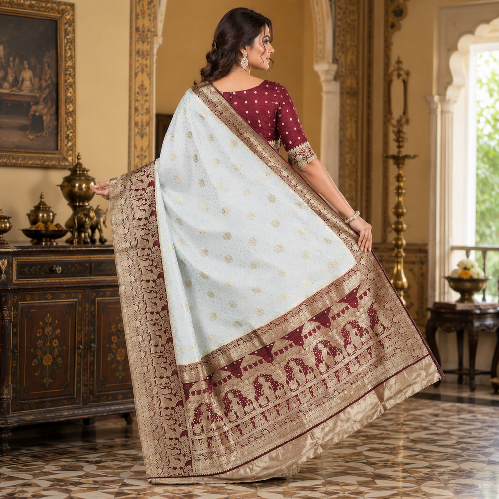 Maroon And White Pure Heavy Kalash Satin Silk Saree With Blouse – Wedding And Party Wear For Women