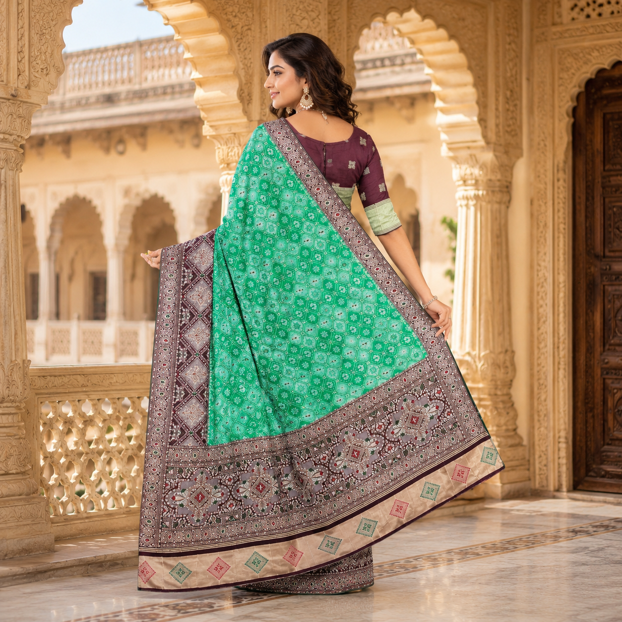 Wine And Rama Green Dola Silk Handwork Saree With Blouse – Premium Wedding And Festive Wear For Women