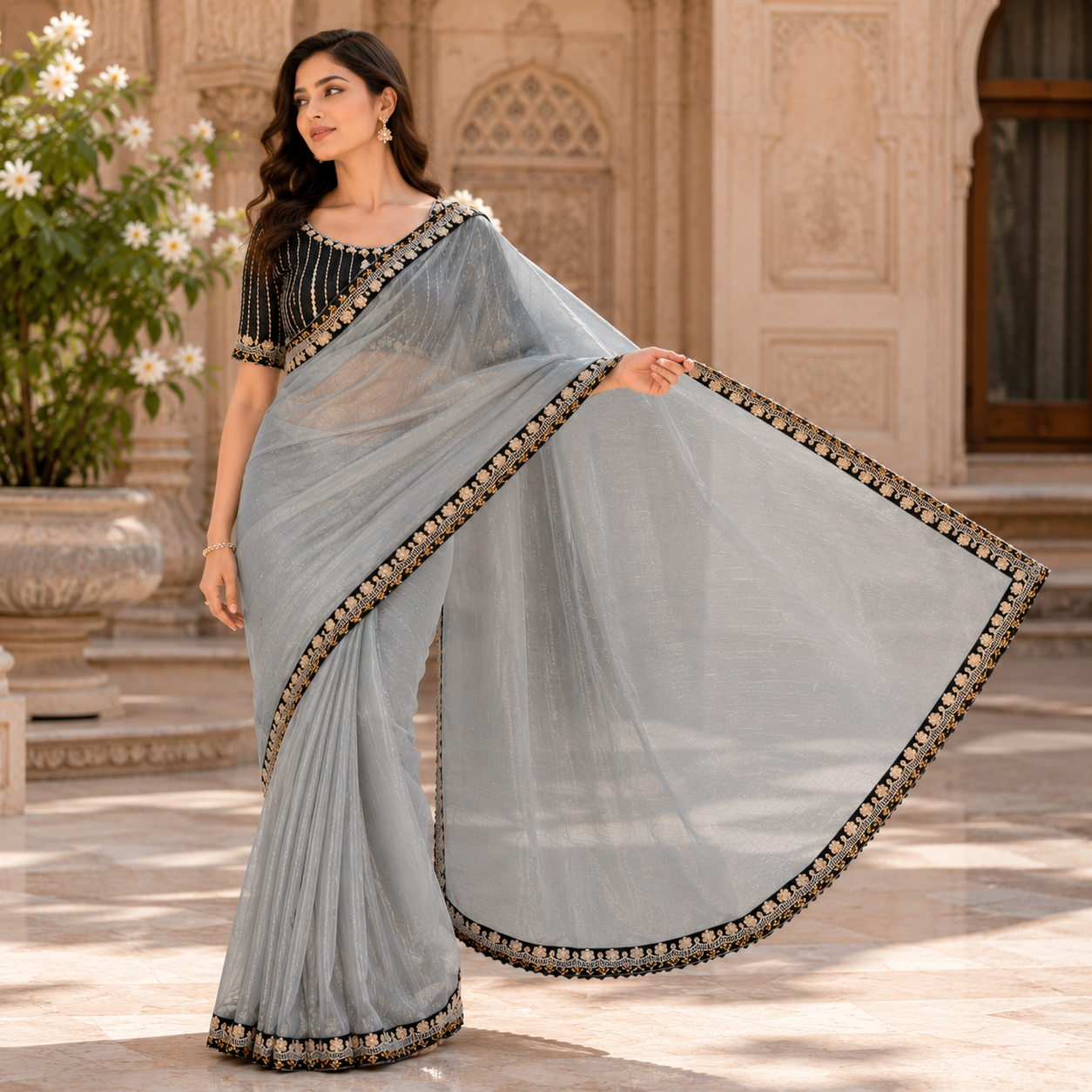 Grey Organza Saree With Gota Patti Work With Designer Blouse For Women