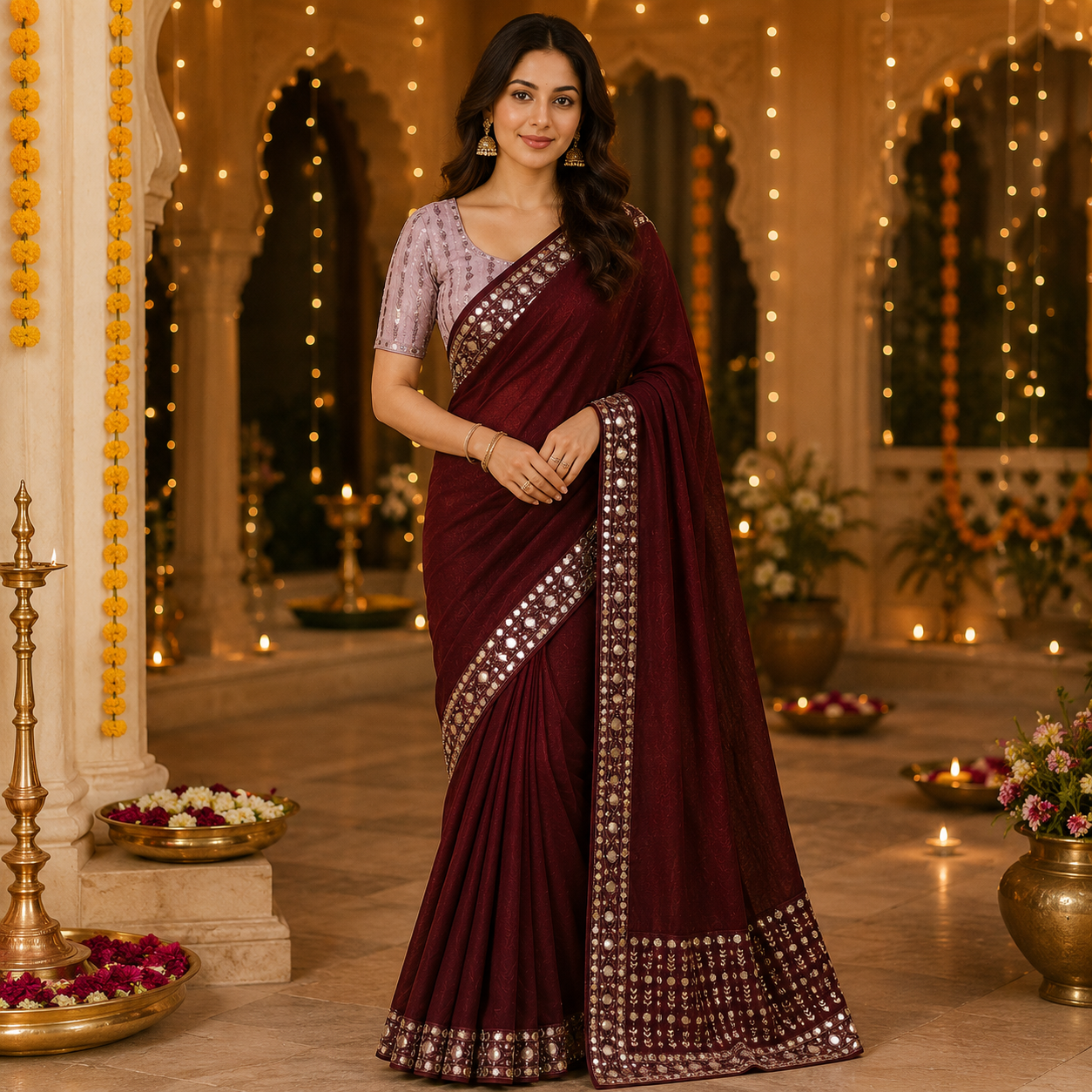 Wine Georgette Saree With Readymade Blouse – Pre-Stitched Party And Festive Saree For Women For Women