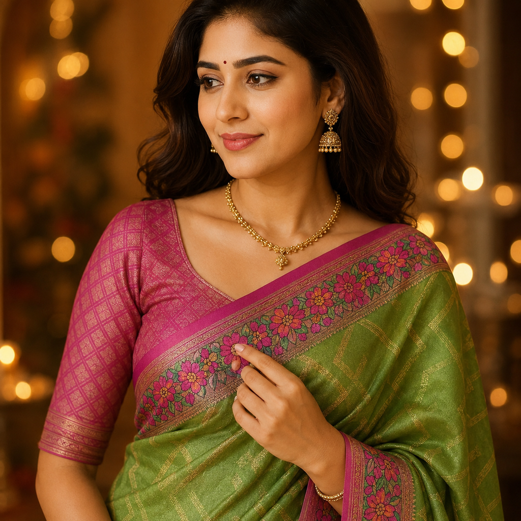 Green And Pink Banarasi Kora Silk Saree With Rich Zari - Lightweight Festive Elegance For Women