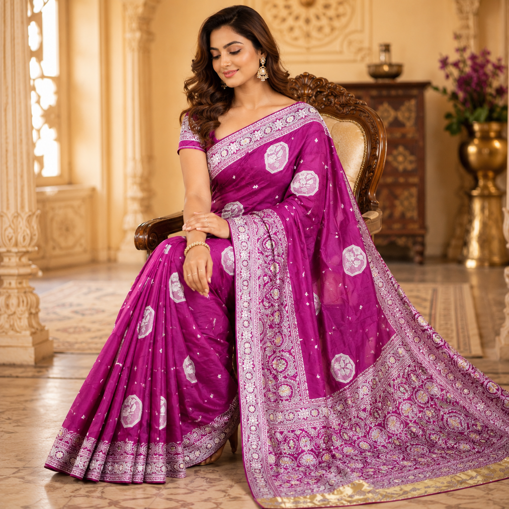 Purple Banarasi Katan Silk Saree With Silver Zari | Regal Festive Elegance For Women