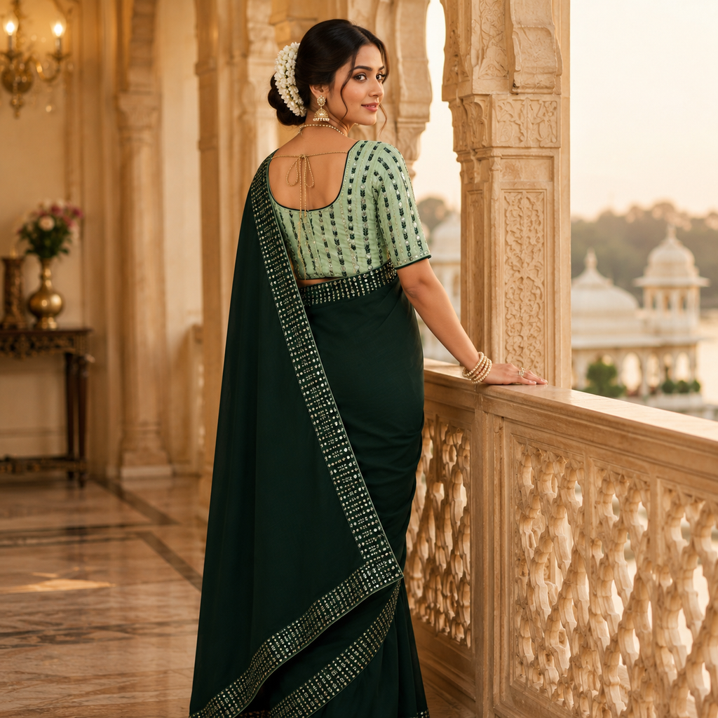 Green Georgette Saree With Readymade Blouse – Pre-Stitched Stylish Saree For Women And Girls For Women