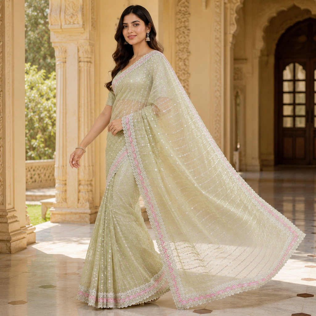 Light Green Georgette Handwork Saree With Fancy Border – Soft Glamour, Everyday Grace For Women