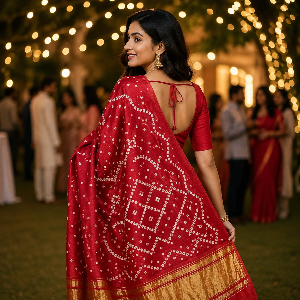 Red Gajji Silk Bandhani Saree With Blouse – A Classic Of Grace, Tradition And Celebration For Women
