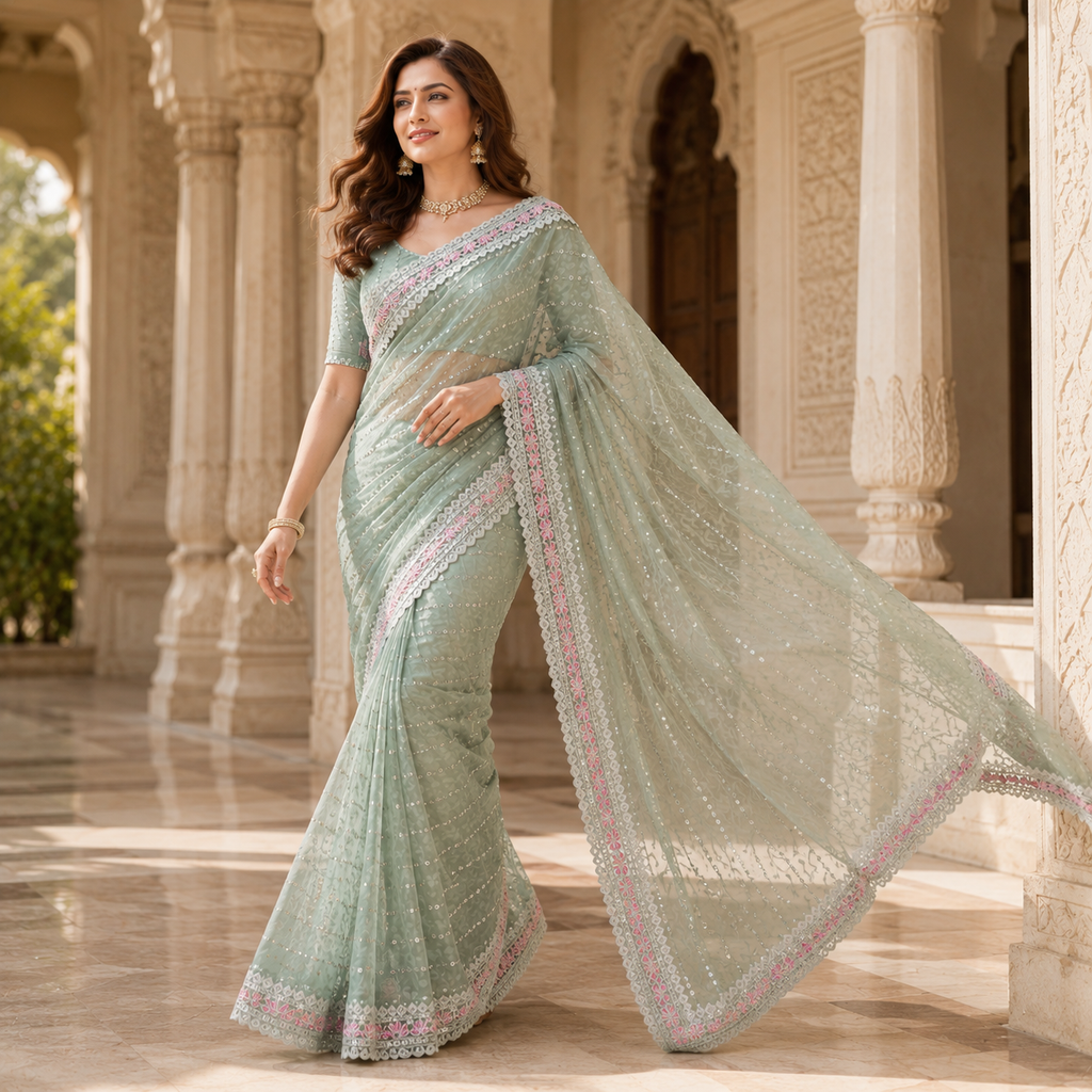 Pista Green Georgette Handwork Saree With Fancy Border – Light, Luxe And Lovingly Crafted For Women