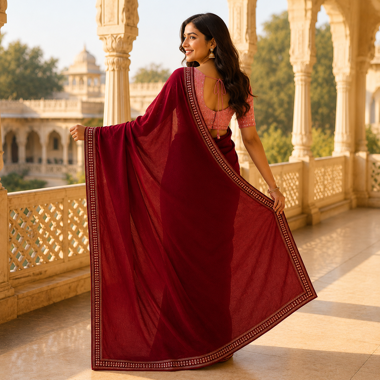 Maroon Georgette Saree With Readymade Blouse – Designer Look For Women