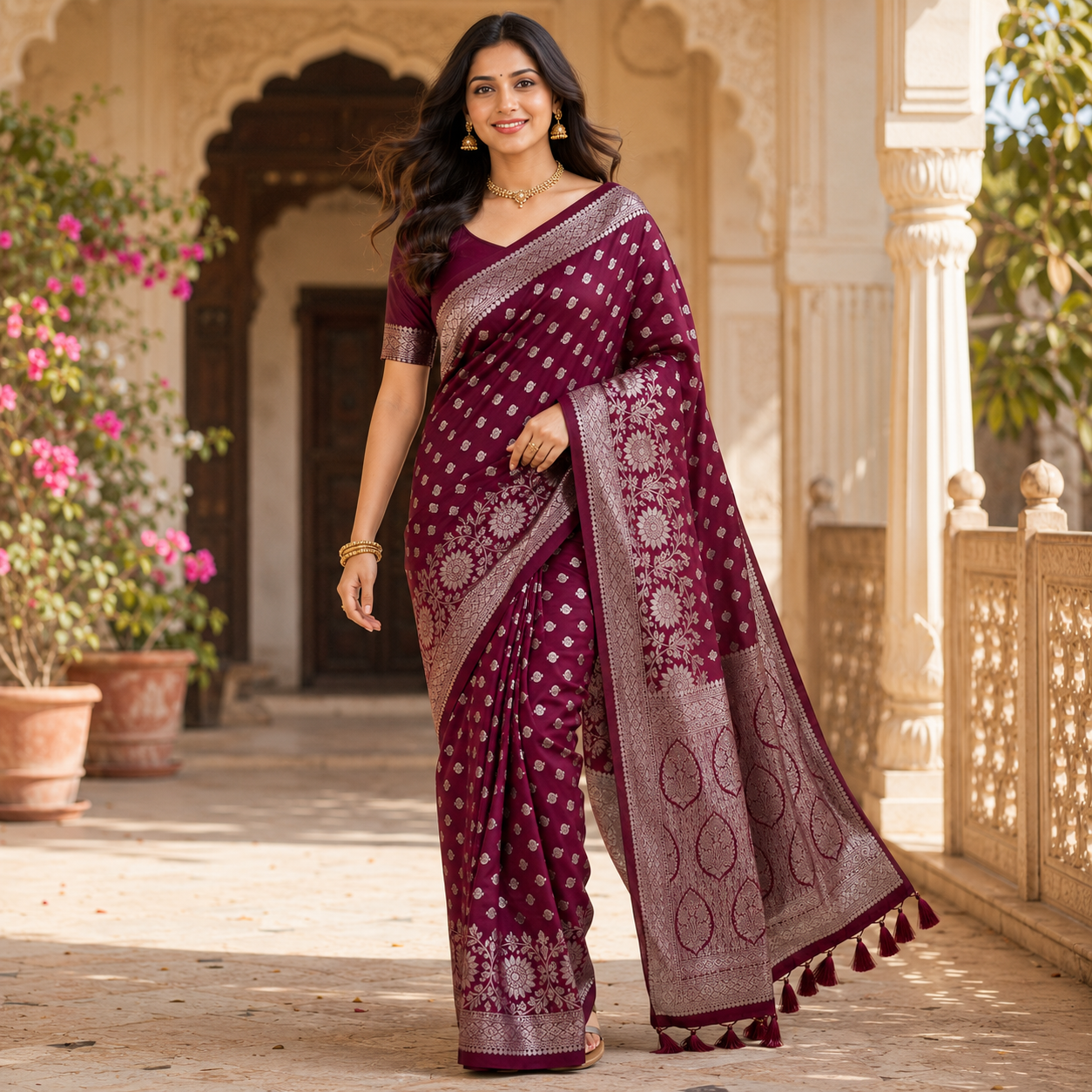 Maroon Pure Heavy Silk Saree With Blouse – Royal Wedding And Festive Wear For Women For Women