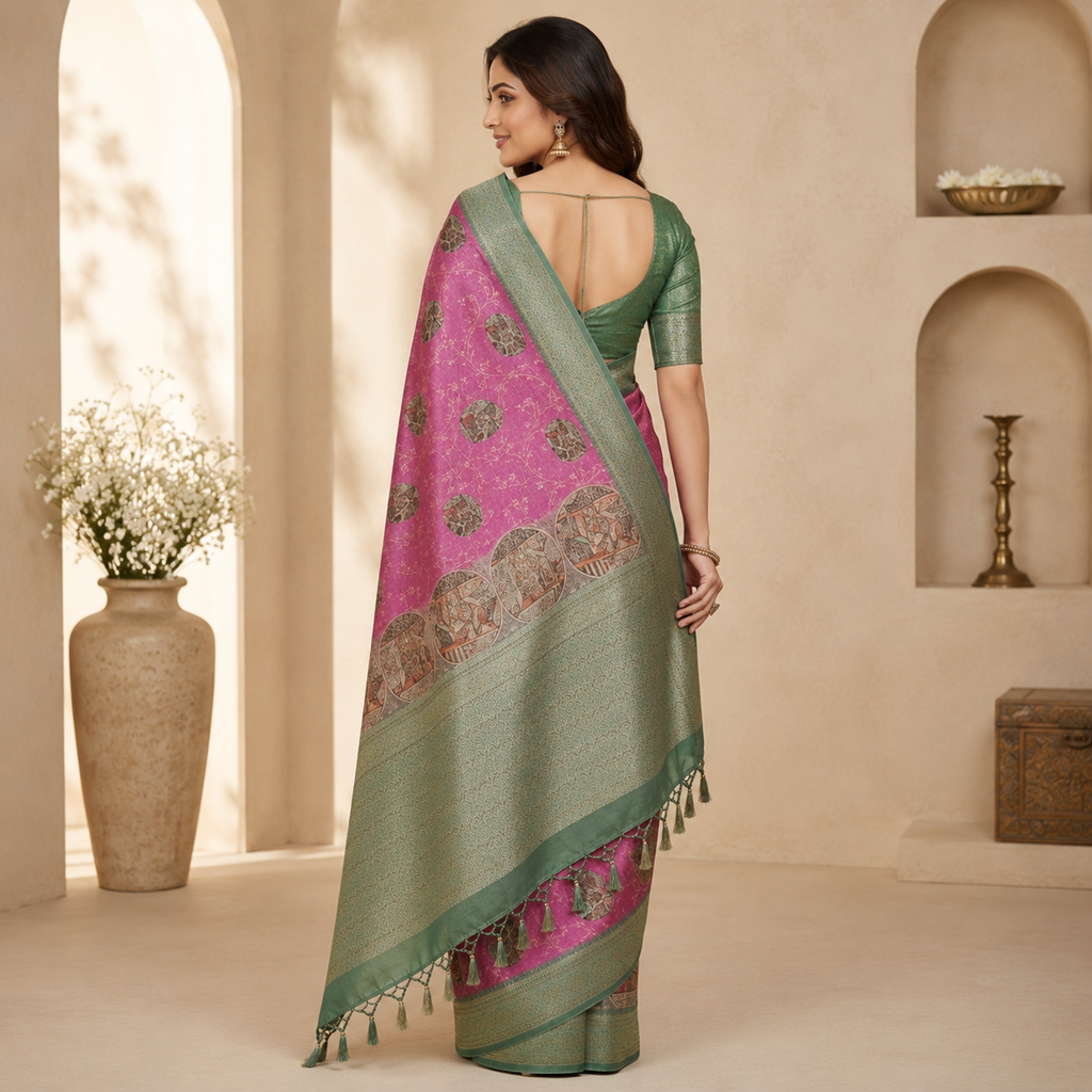 Pink & Sage Green Traditional Printed Saree with Artistic Pallu