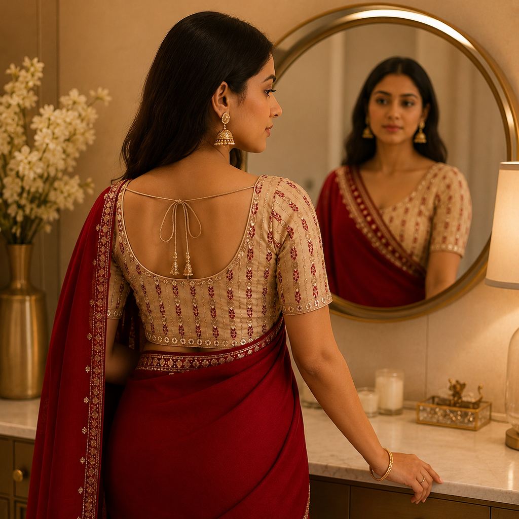 Red Georgette Saree With Readymade Blouse – Pre-Stitched Festive And Party Wear Saree For Women For Women