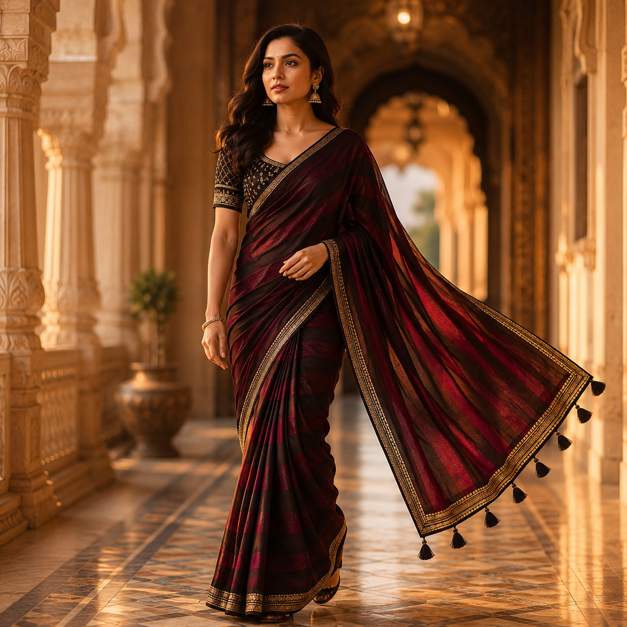 Wine Chanderi Silk Zari Crush Saree – A Regal Statement Of Modern Grace For Women