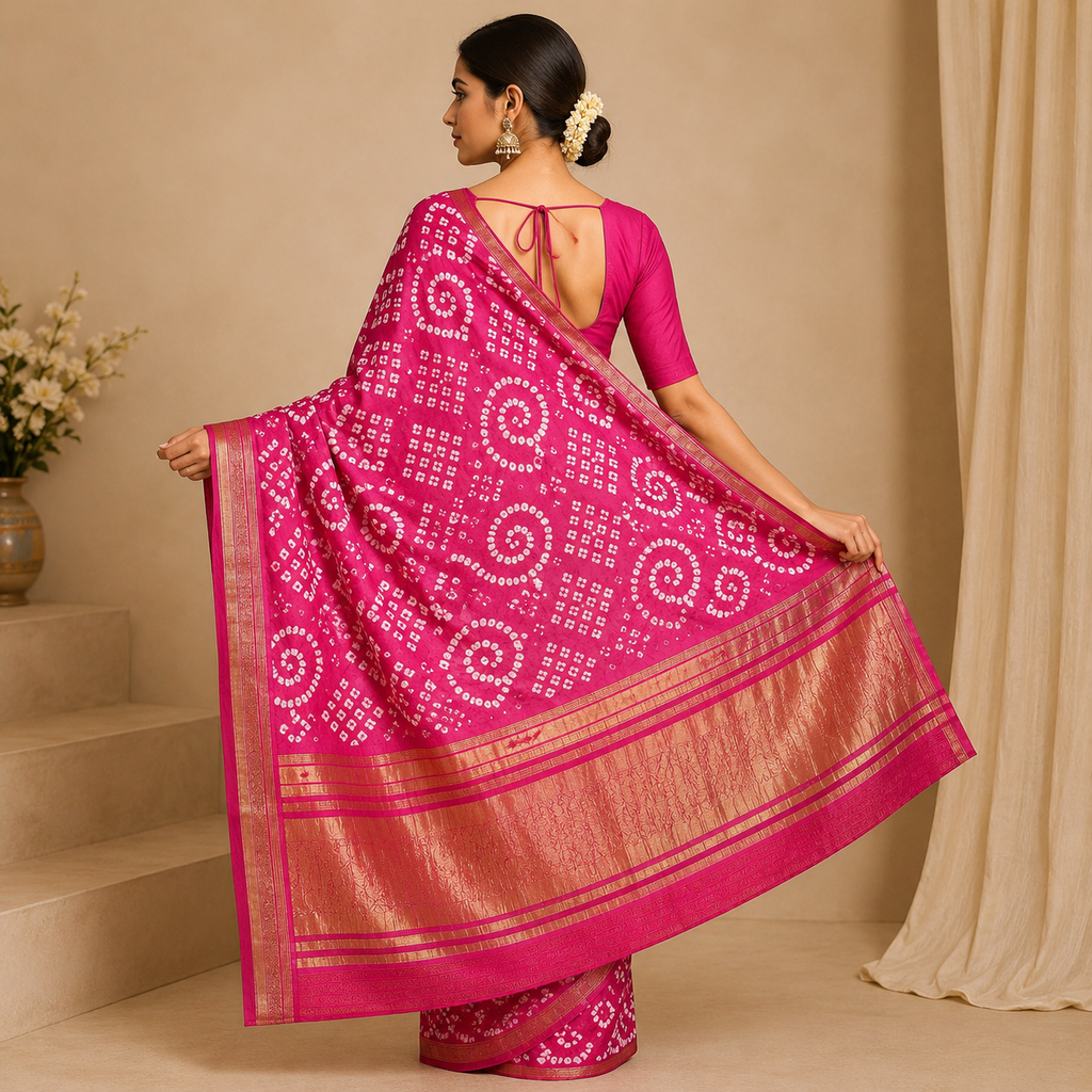 Pink Gajji Silk Bandhani Saree With Blouse – Handcrafted Elegance In Every Dot For Women
