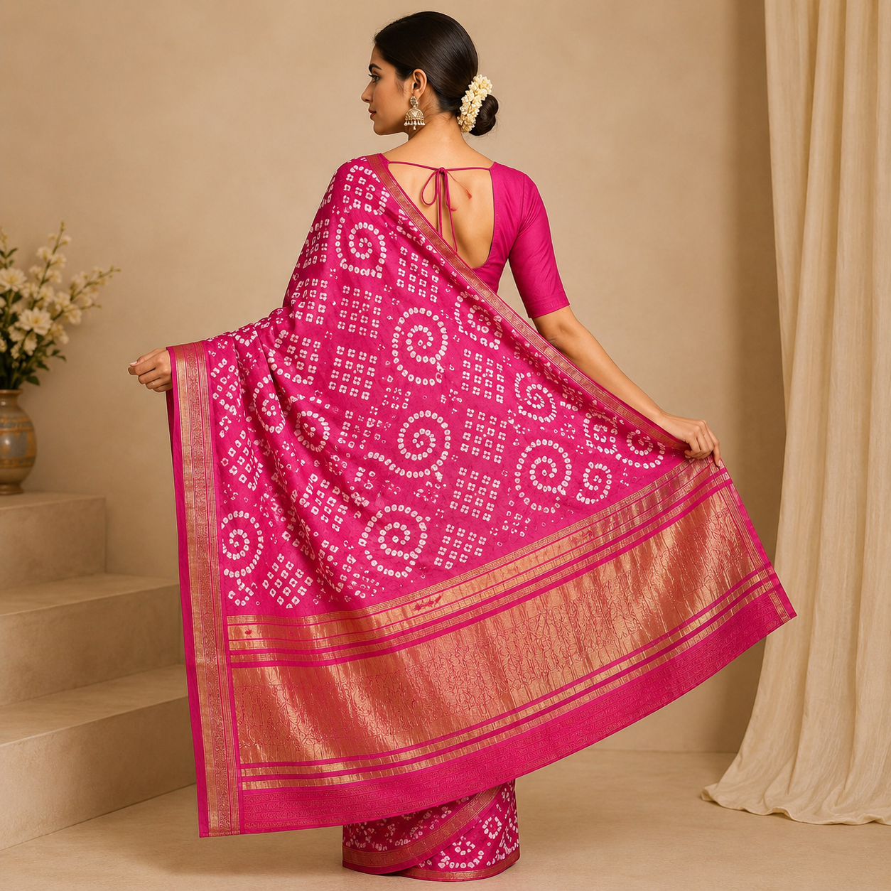 Pink Gajji Silk Bandhani Saree With Blouse – Handcrafted Elegance In Every Dot For Women