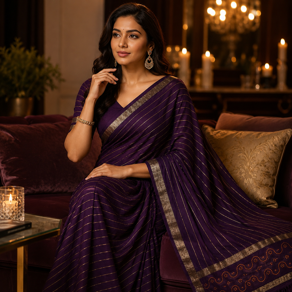 Purple Soft Georgette Weaved Silver Lines Andamp; Siroski Border Saree Designer Blouse For Women