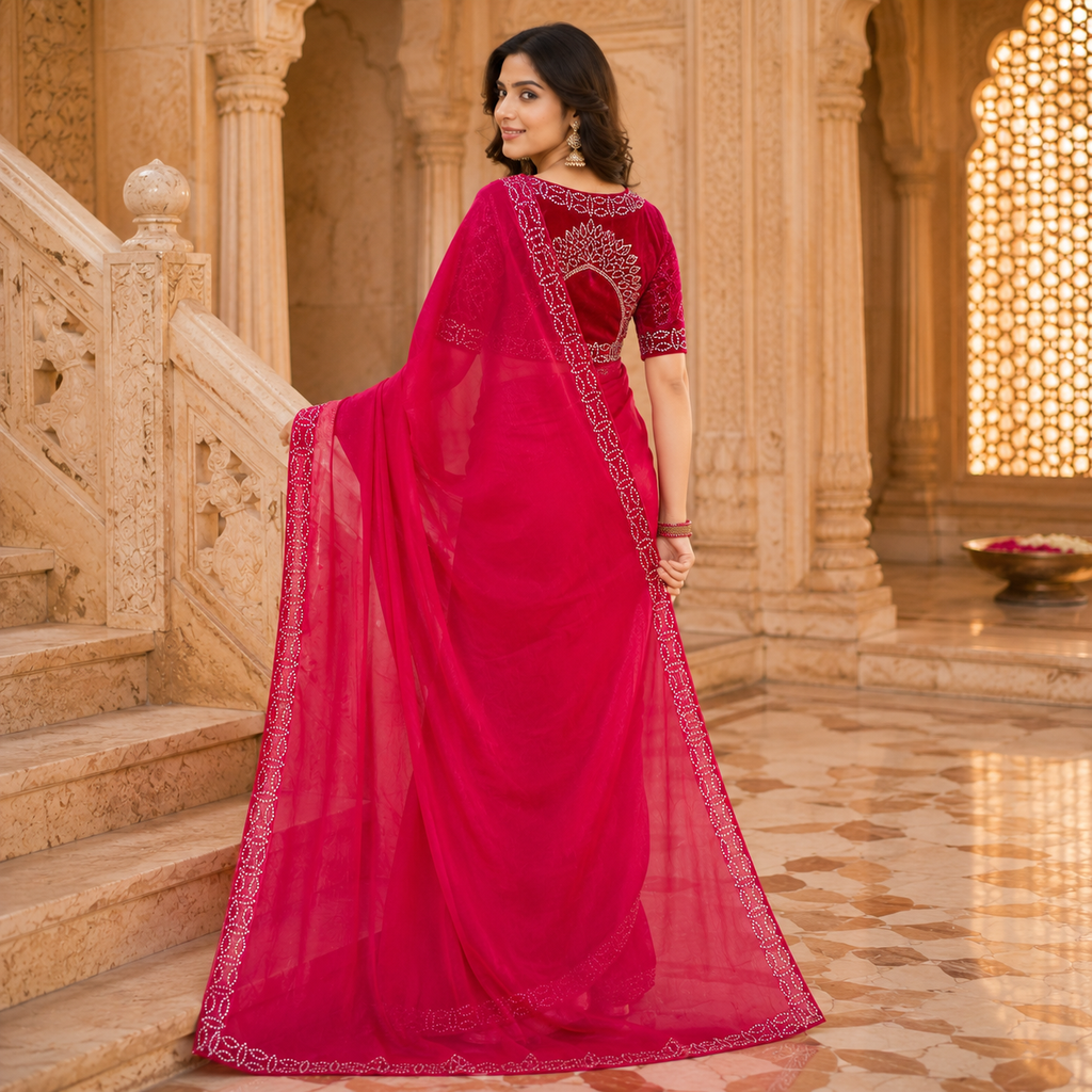 Pink Organza Saree With Velvet Blouse – Where Grace Meets Glamour For Women