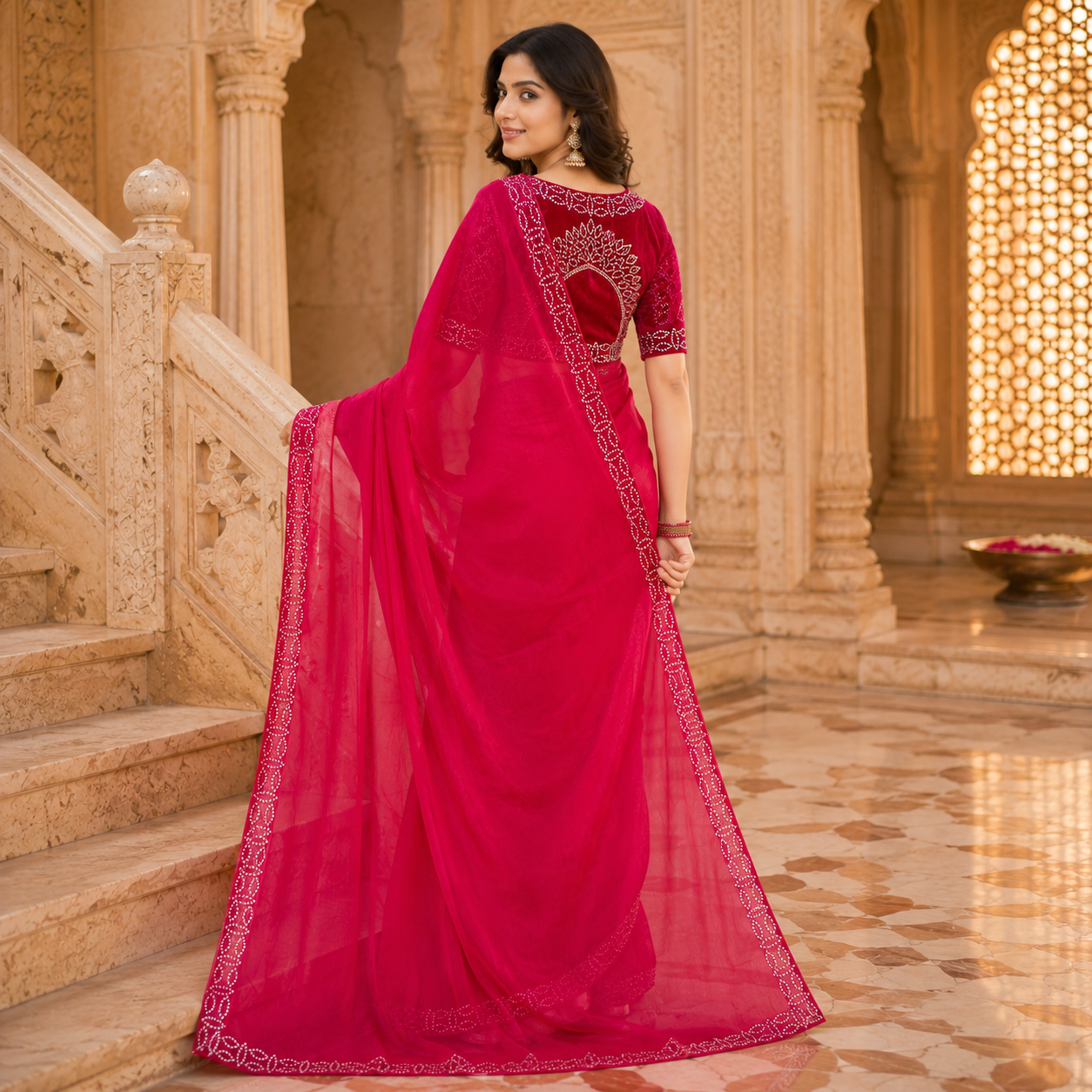 Pink Organza Saree With Velvet Blouse – Where Grace Meets Glamour For Women