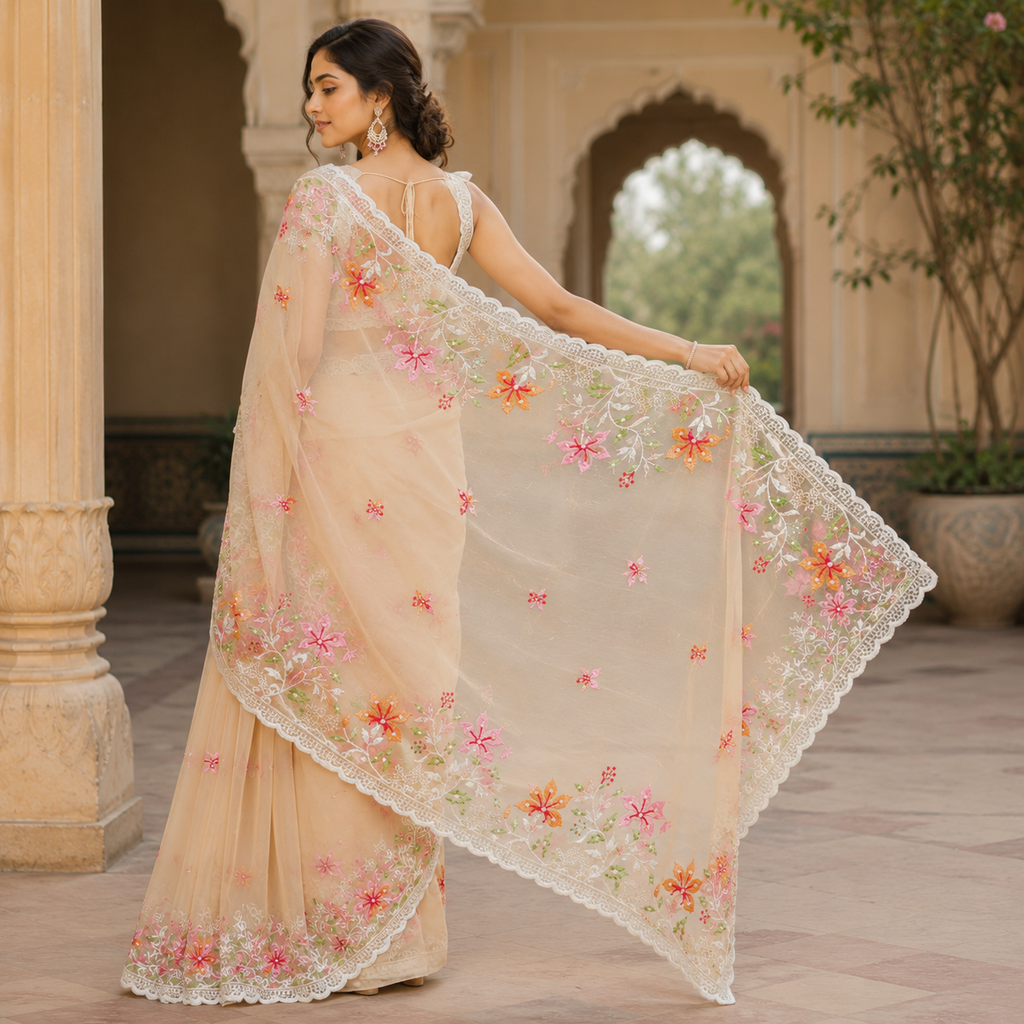 Orange Organza Saree With Pearl And Embroidery Work And Blouse – Premium Party And Wedding Wear For Women