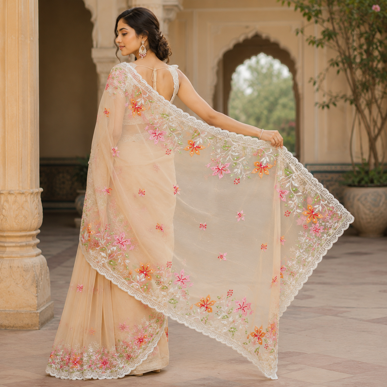 Orange Organza Saree With Pearl And Embroidery Work And Blouse – Premium Party And Wedding Wear For Women