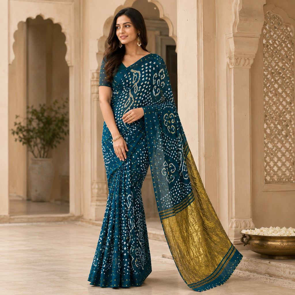 Teal Blue Bandhani Saree with Gold Pallu