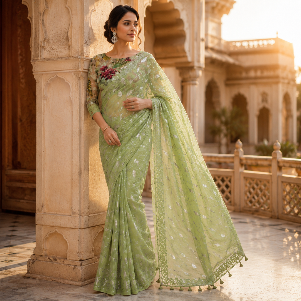 Light Green Chiffon Saree With Elegant Chikan Embroidered Blouse For Women