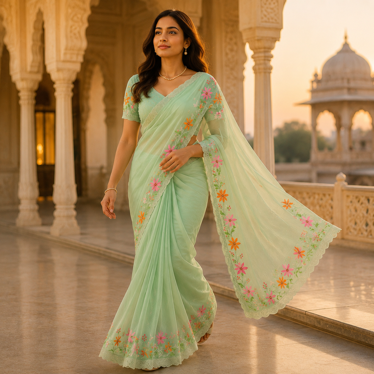 Green Organza Saree With Pearl And Embroidery Work And Blouse – Elegant Party And Wedding Wear For Women
