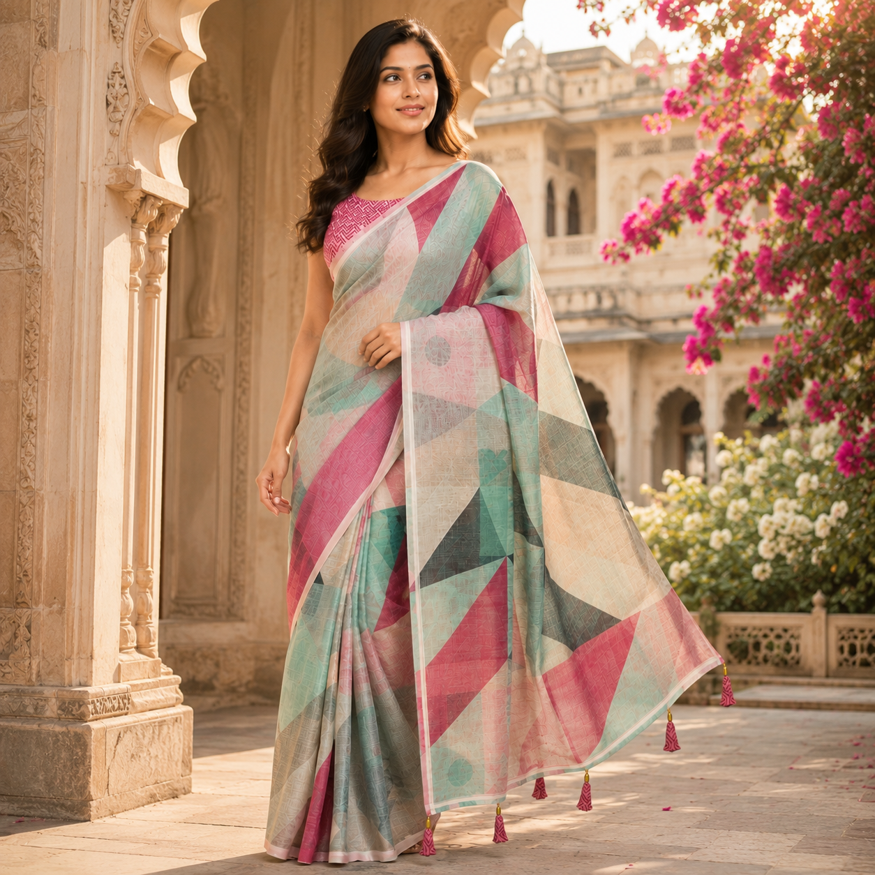 Multicolour Digital Print Linen Saree With Readymade Blouse – Vibrance, Lightness And Style In Every Drape For Women