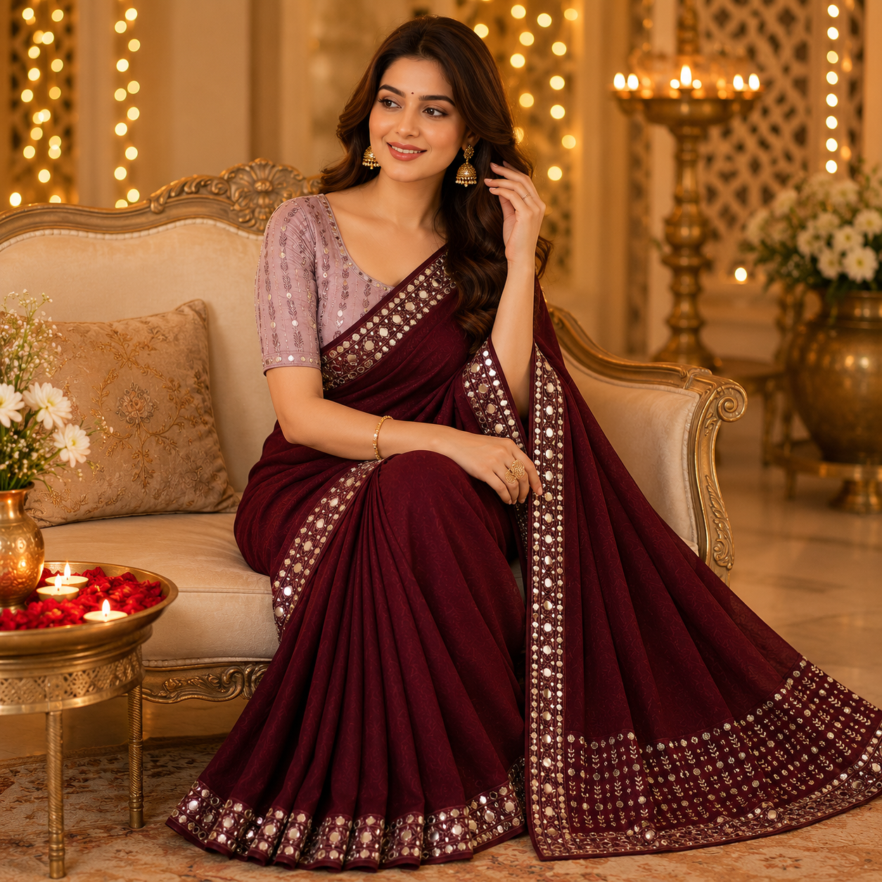 Wine Georgette Saree With Readymade Blouse – Pre-Stitched Party And Festive Saree For Women For Women
