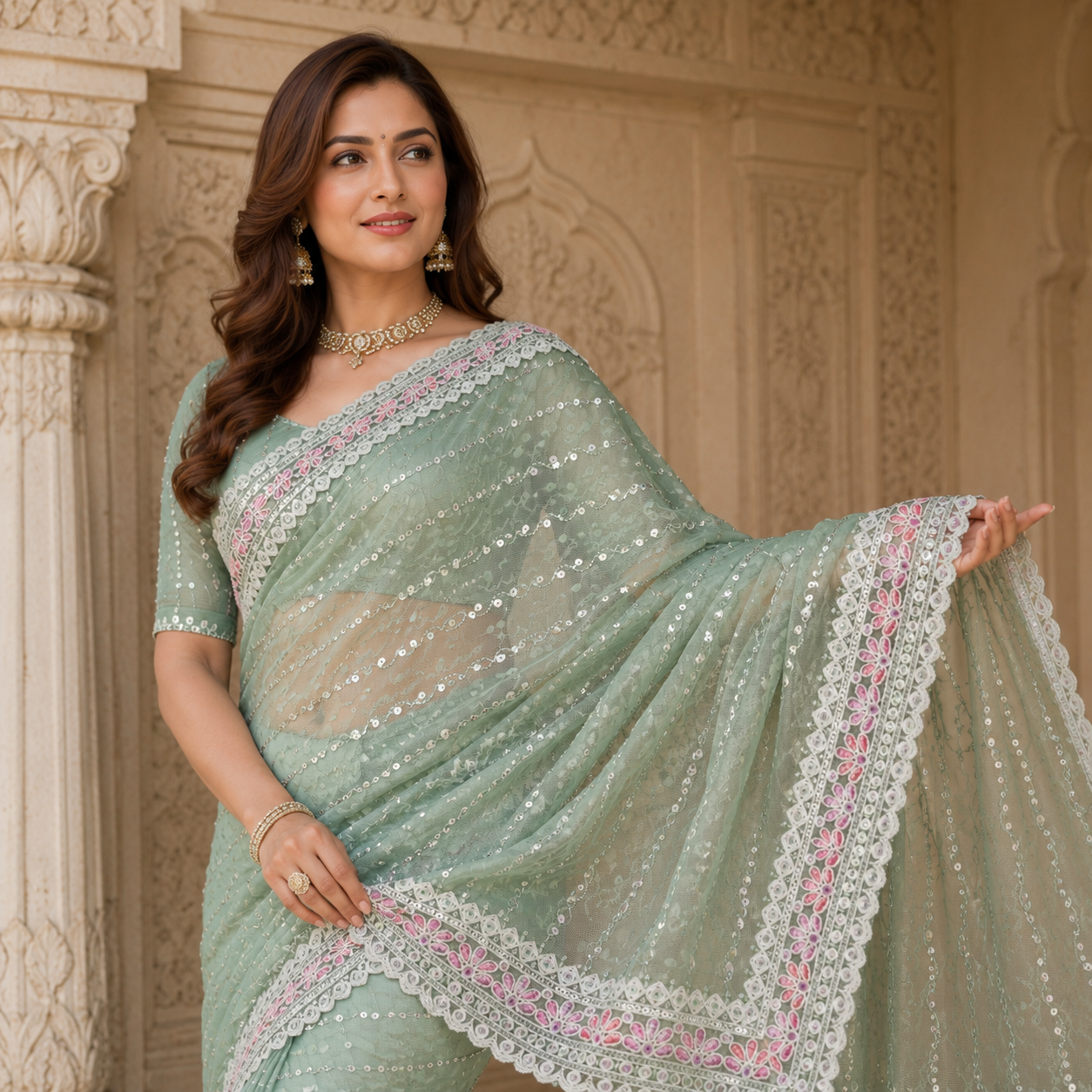 Pista Green Georgette Handwork Saree With Fancy Border – Light, Luxe And Lovingly Crafted For Women