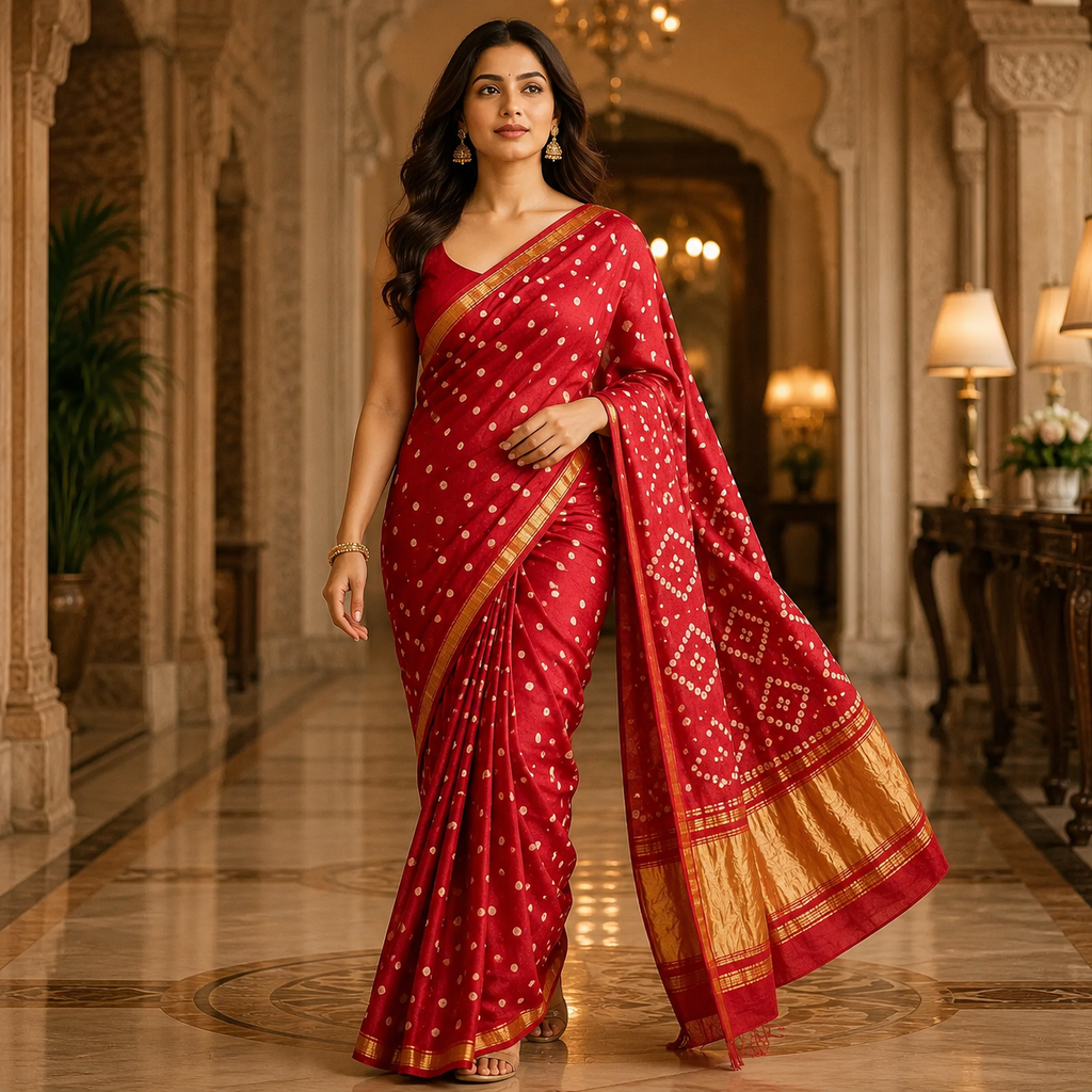 Red Gajji Silk Bandhani Saree With Blouse – A Classic Of Grace, Tradition And Celebration For Women