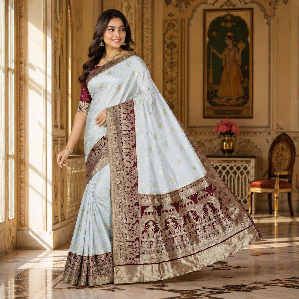 Maroon And White Pure Heavy Kalash Satin Silk Saree With Blouse – Wedding And Party Wear For Women