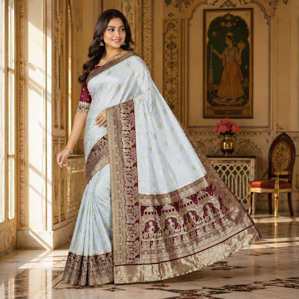 Maroon And White Pure Heavy Kalash Satin Silk Saree With Blouse – Wedding And Party Wear For Women