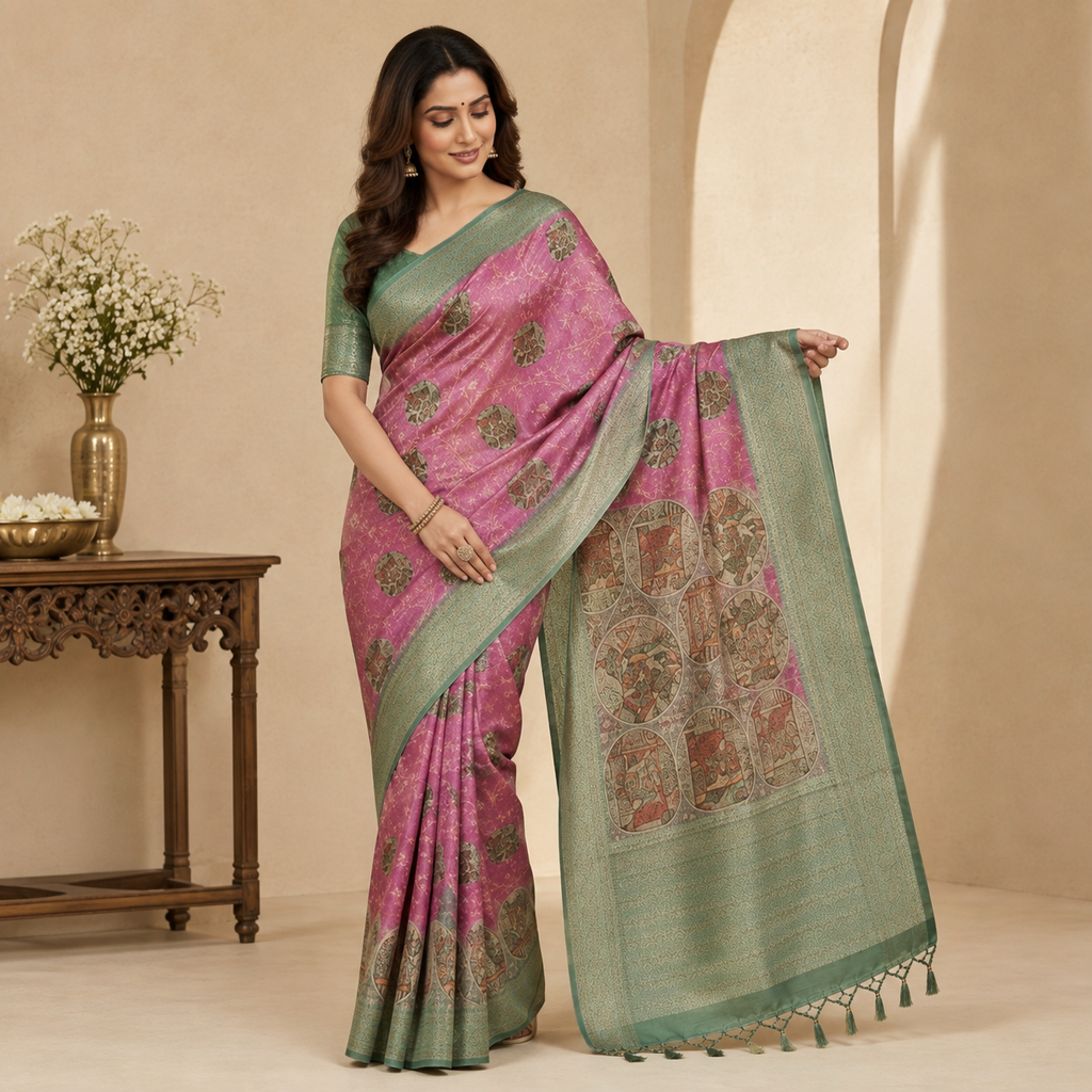 Pink & Sage Green Traditional Printed Saree with Artistic Pallu